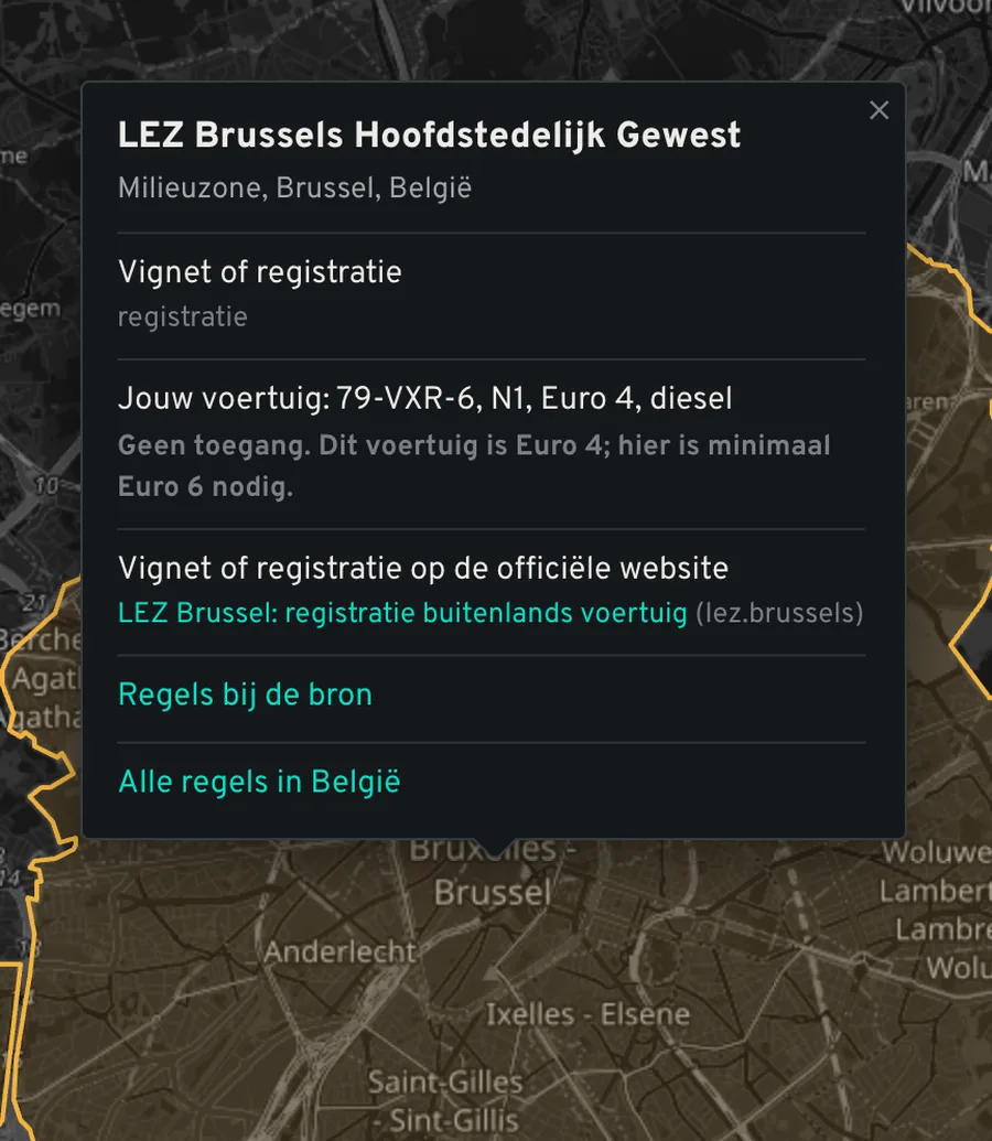 Popup van de LEZ Brussel: geen toegang voor een Euro 4-bestelauto, met de link naar de officiële registratie