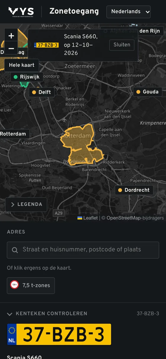 Zonetoegang op een telefoon met de zones rond Rotterdam voor een trekker