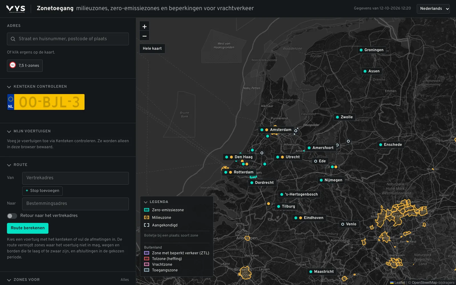 De kaart van Zonetoegang met alle milieuzones en zero-emissiezones in Nederland en de buurlanden