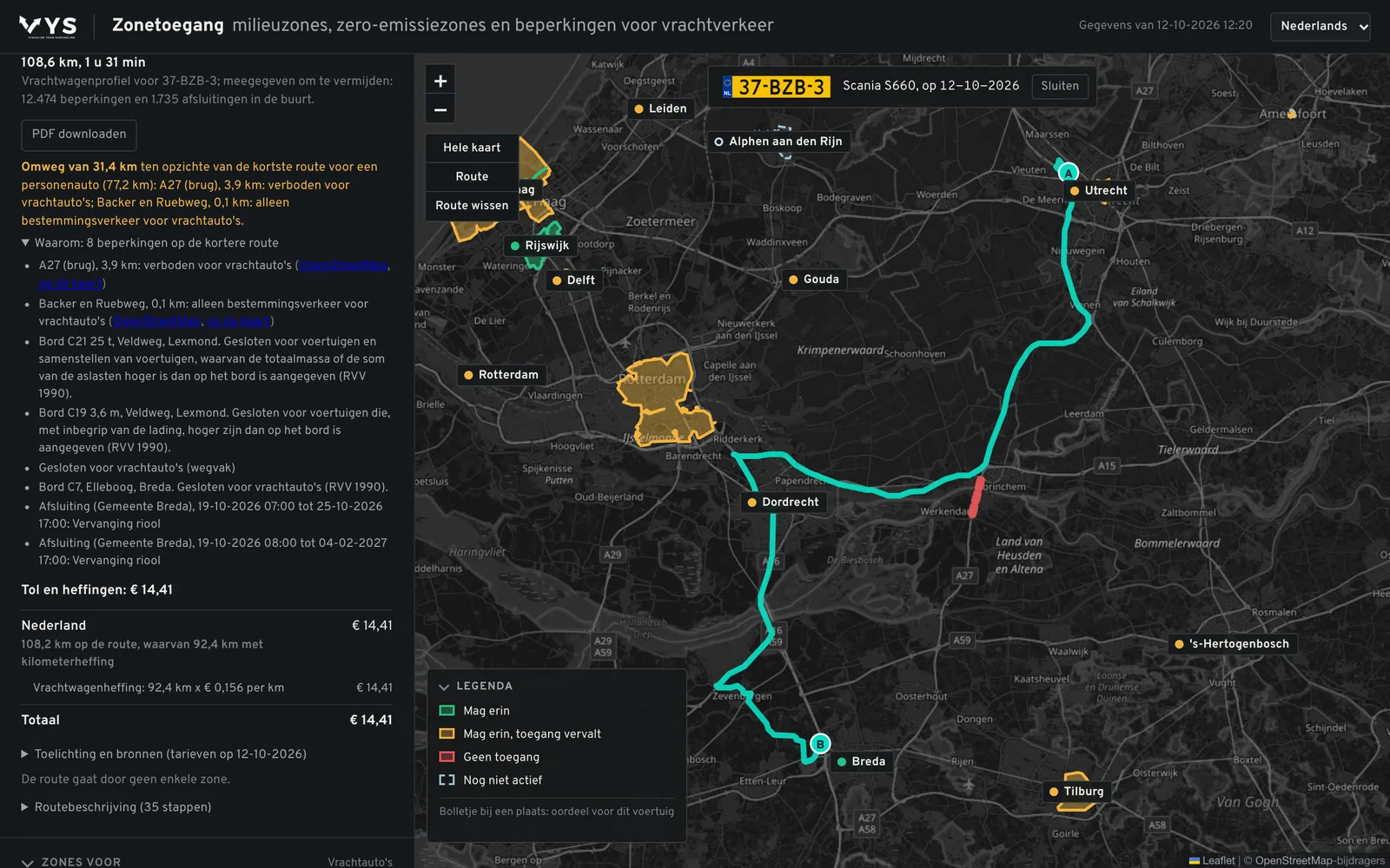 Route van Utrecht naar Breda met de omweg om de Merwedebrug, de uitleg per beperking en de vrachtwagenheffing