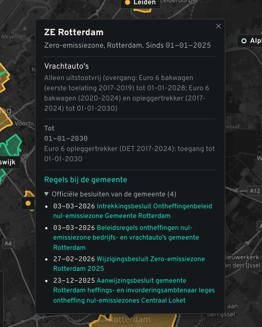 Popup van de zero-emissiezone Rotterdam met het oordeel voor de trekker en de officiële besluiten van de gemeente